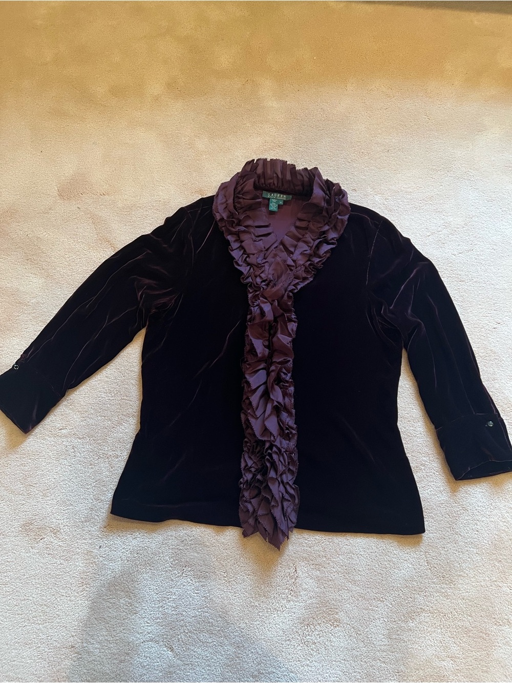 Lauren by Ralph Lauren Purple Velvet Ruffled Front Buttoned Blouse (size 12)